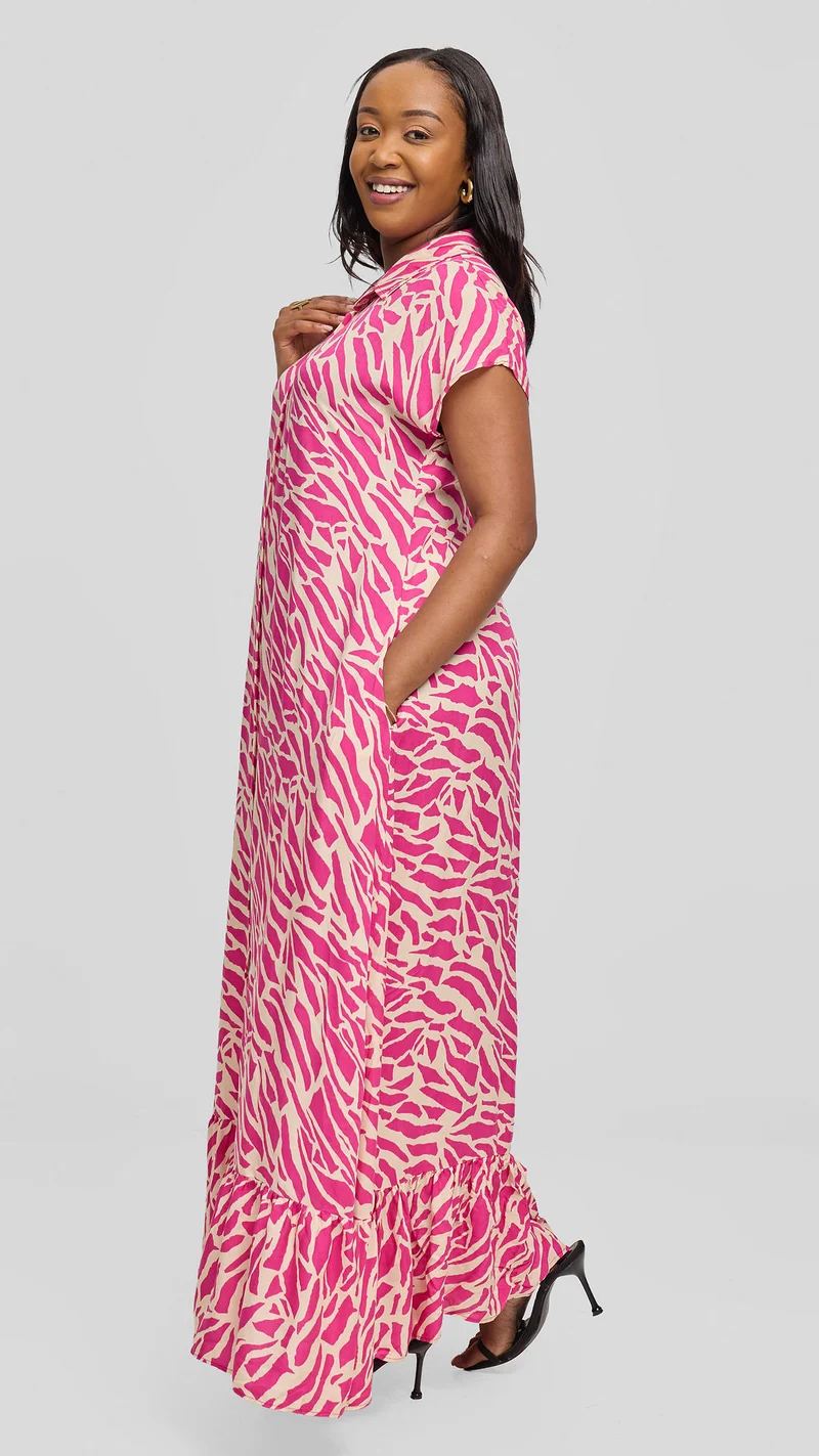 Vivo Maisha Drop Shoulder Maxi Dress In Rayon - Pink / Light Tan Print