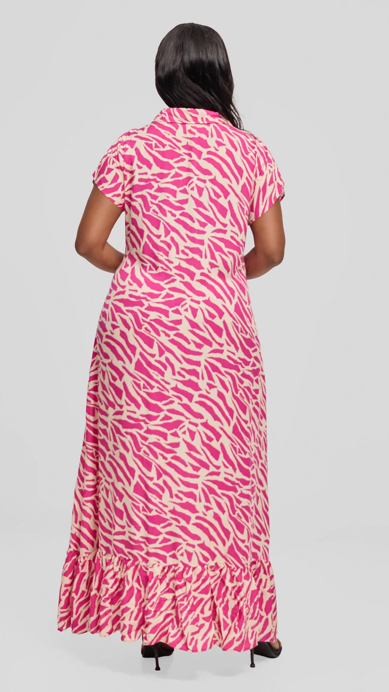 Vivo Maisha Drop Shoulder Maxi Dress In Rayon - Pink / Light Tan Print