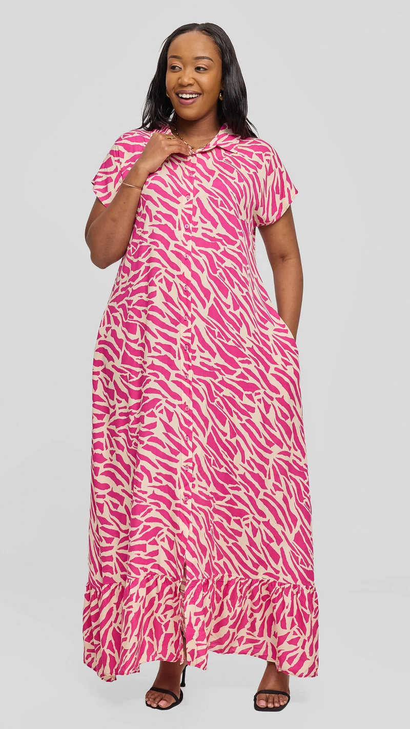 Vivo Maisha Drop Shoulder Maxi Dress In Rayon - Pink / Light Tan Print