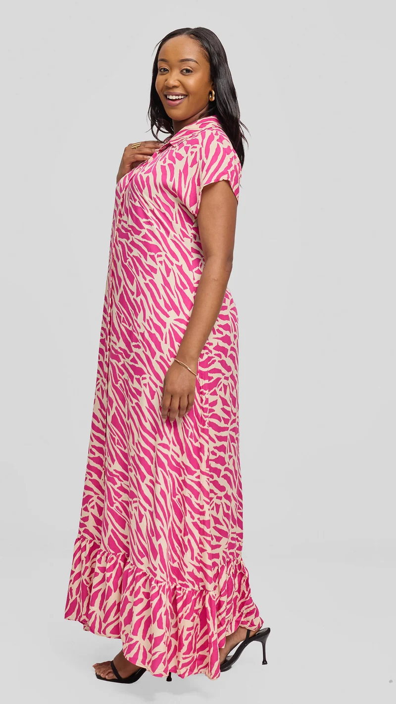 Vivo Maisha Drop Shoulder Maxi Dress In Rayon - Pink / Light Tan Print