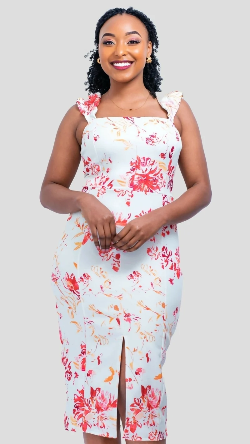 The Fashion Frenzy Safi Rose Front -Slit Midi Dress - Multicolored
