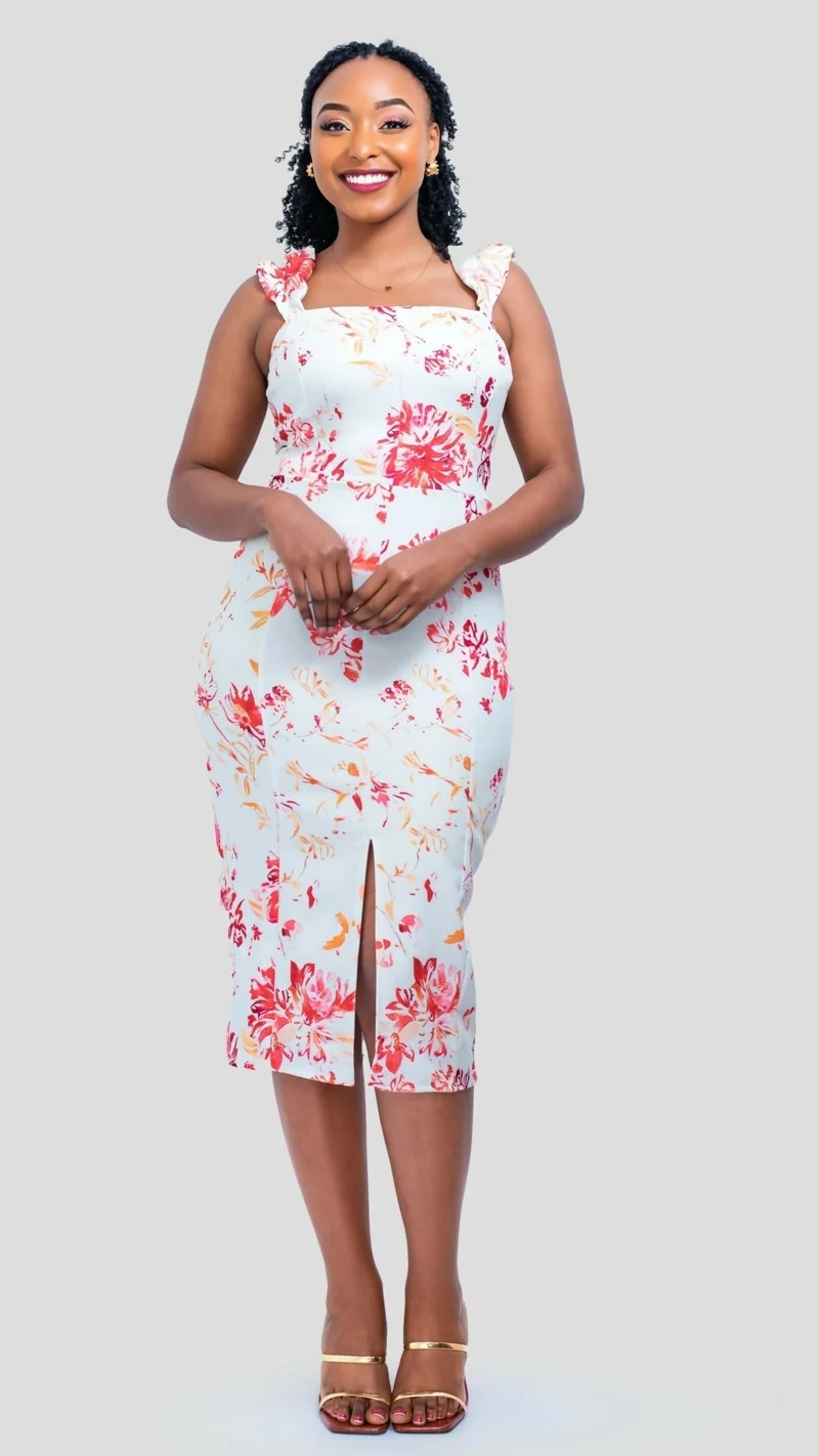 The Fashion Frenzy Safi Rose Front -Slit Midi Dress - Multicolored