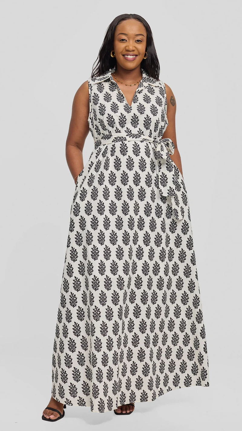 Vivo Sleeveless Maxi Dress in Cotton - White / Black Print
