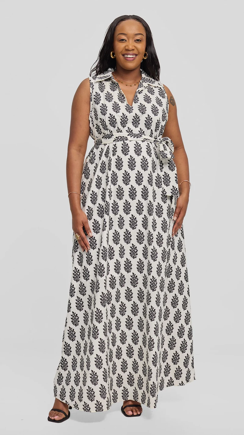 Vivo Sleeveless Maxi Dress in Cotton - White / Black Print