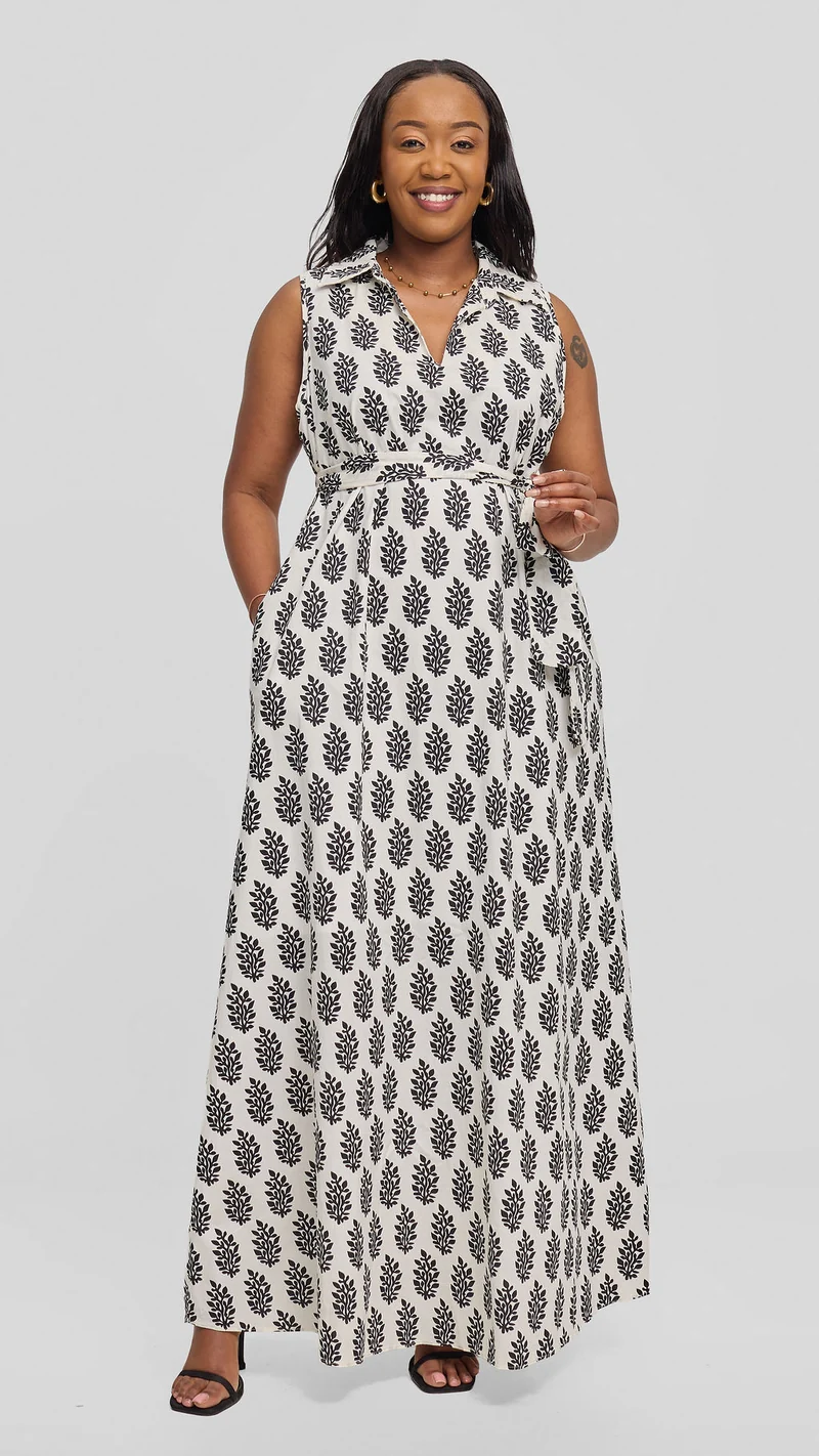Vivo Sleeveless Maxi Dress in Cotton - White / Black Print