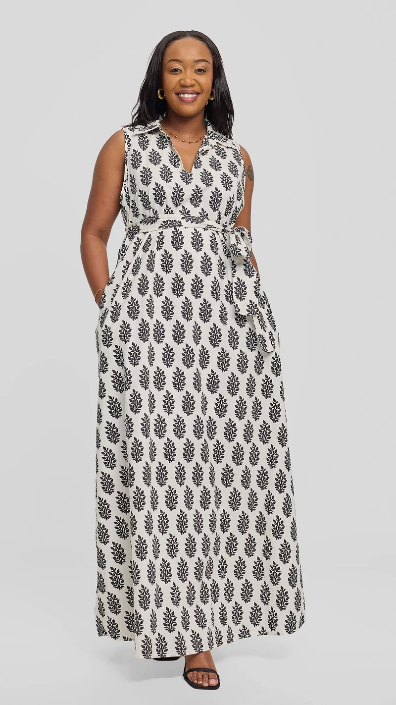 Vivo Sleeveless Maxi Dress in Cotton - White / Black Print