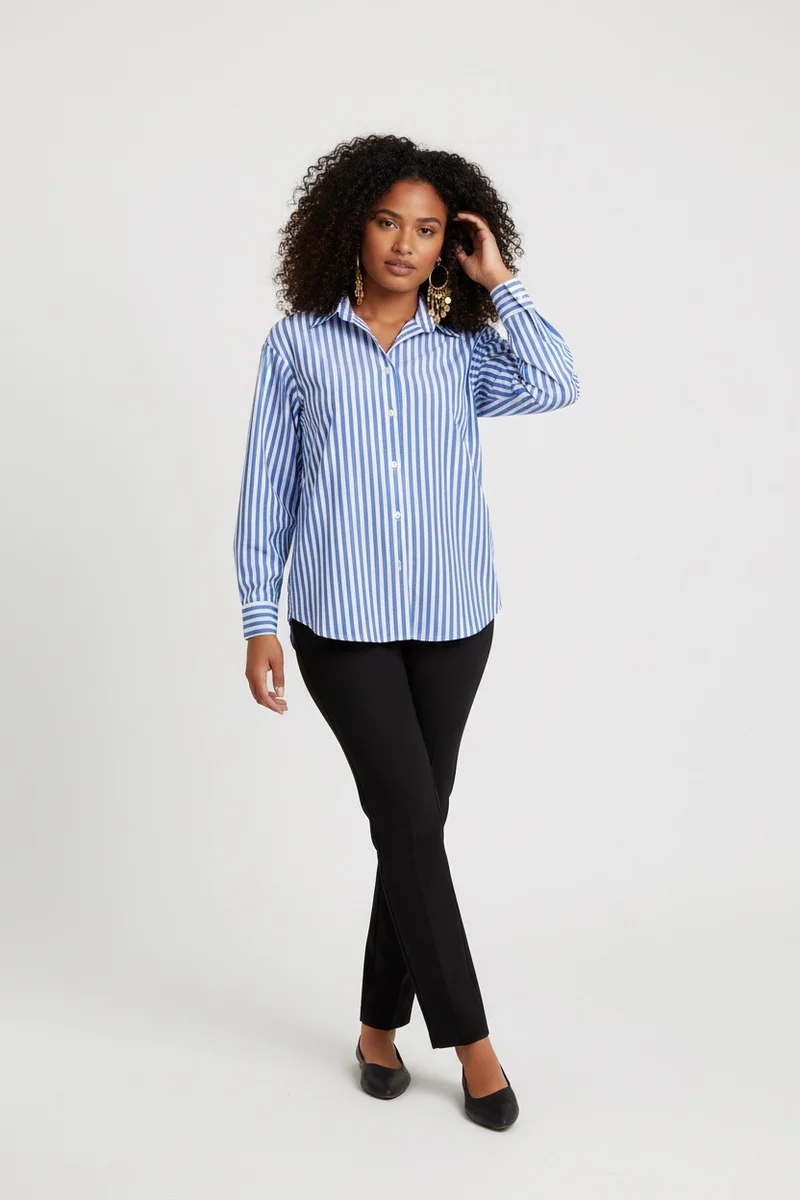 Stylish Sisters Striped Relaxed Fit Button-Up Shirt - Blue & White