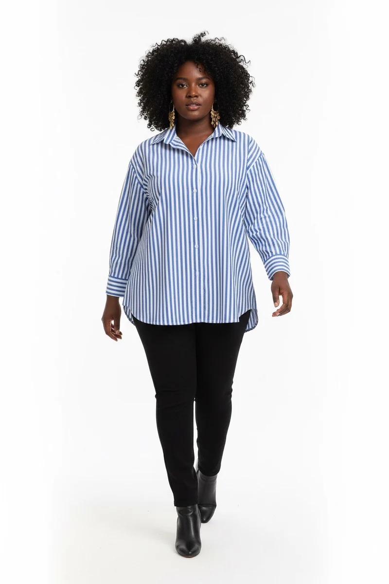 Stylish Sisters Striped Relaxed Fit Button-Up Shirt - Blue & White
