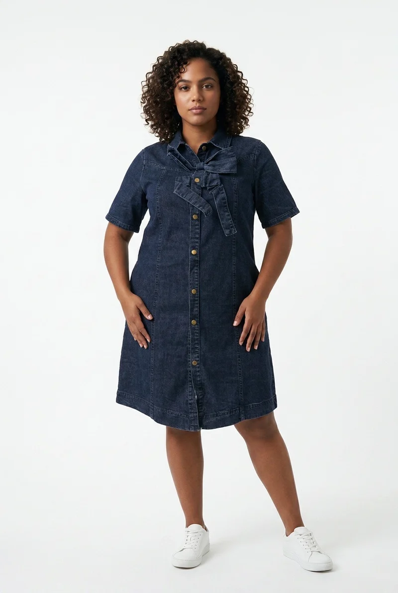 Stylish Sisters Short-Sleeve Front-Bow Denim Mini Dress - Black