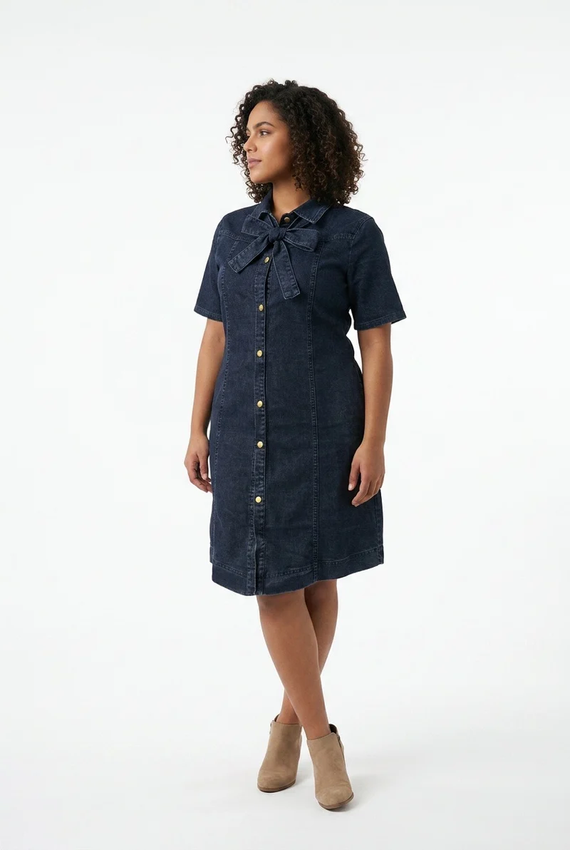 Stylish Sisters Short-Sleeve Front-Bow Denim Mini Dress - Black