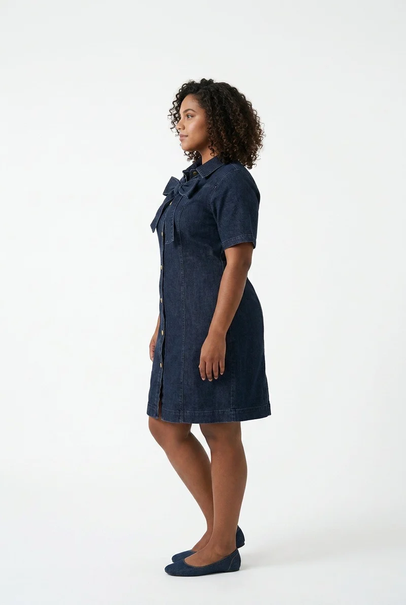 Stylish Sisters Short-Sleeve Front-Bow Denim Mini Dress - Black