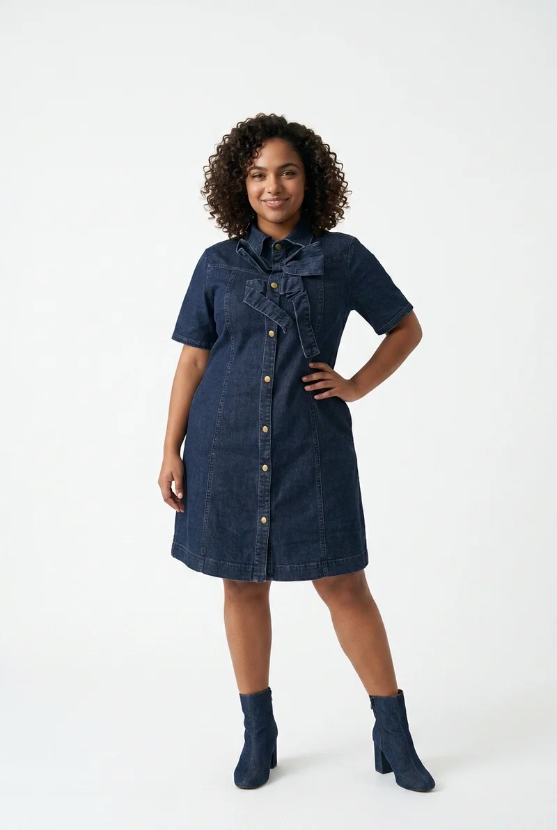Stylish Sisters Short-Sleeve Front-Bow Denim Mini Dress - Black