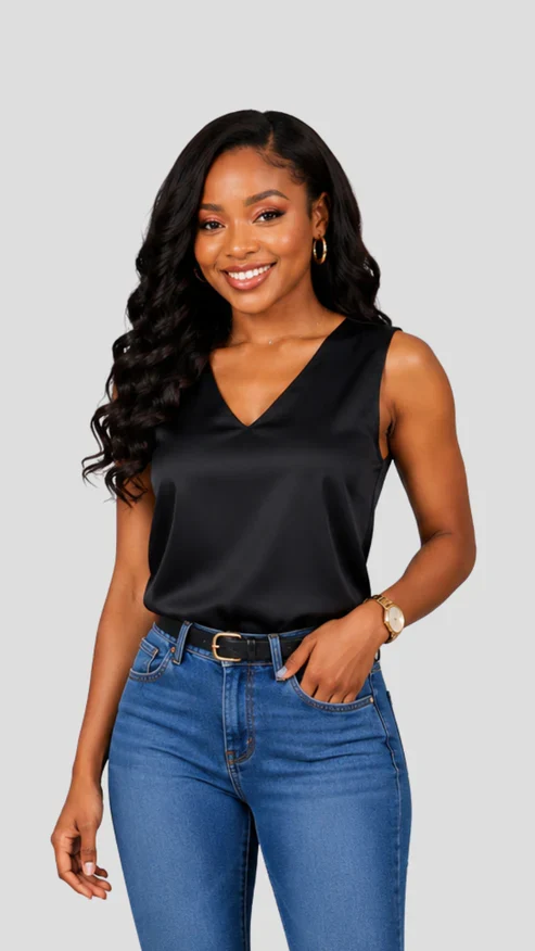 The Fashion Frenzy Amara Satin V-Neck Blouse-Black