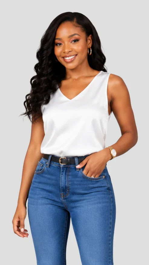 The Fashion Frenzy Amara Satin V-Neck Blouse -White