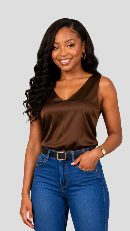 The Fashion Frenzy Amara Satin V-Neck Blouse - Brown