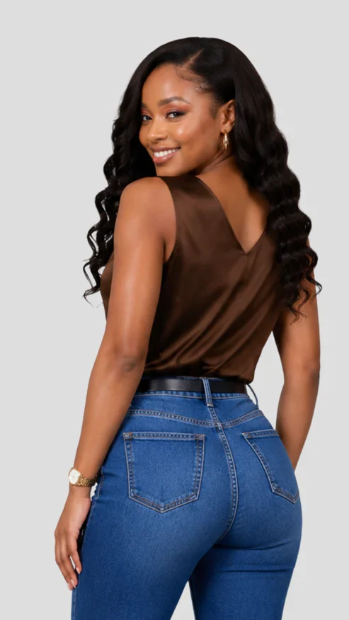 The Fashion Frenzy Amara Satin V-Neck Blouse - Brown