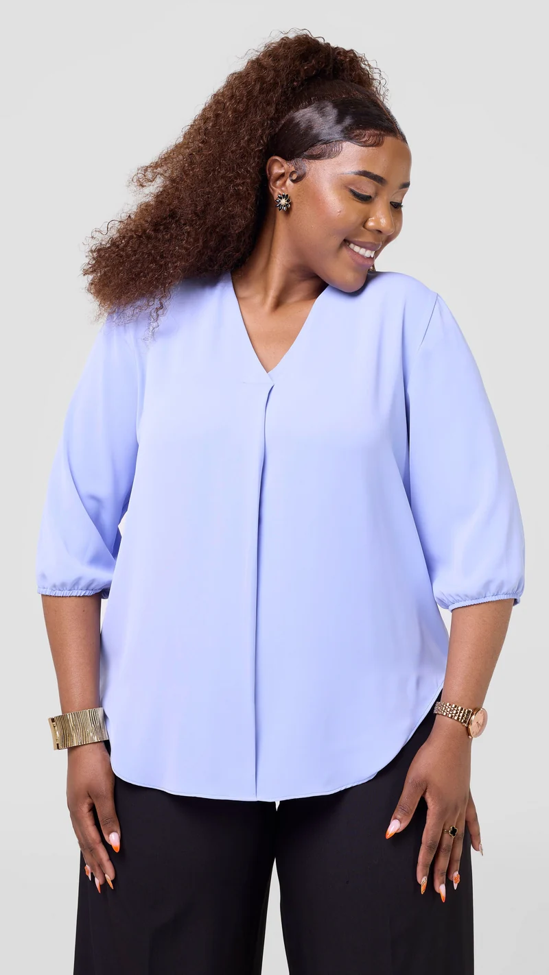 Vivo Dua 3/4 Sleeved V Neck Shirt in Crepe - Light Blue