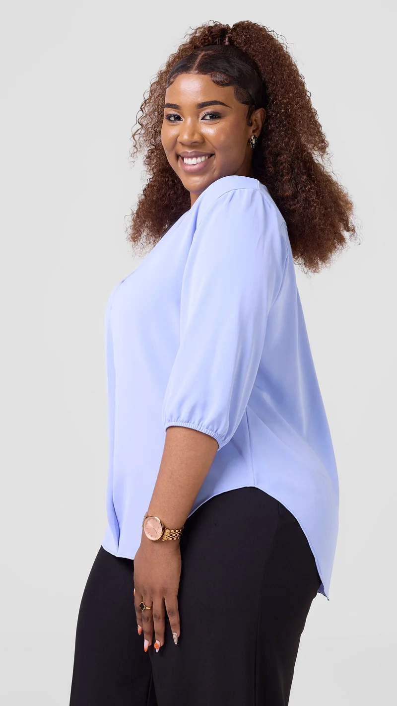 Vivo Dua 3/4 Sleeved V Neck Shirt in Crepe - Light Blue