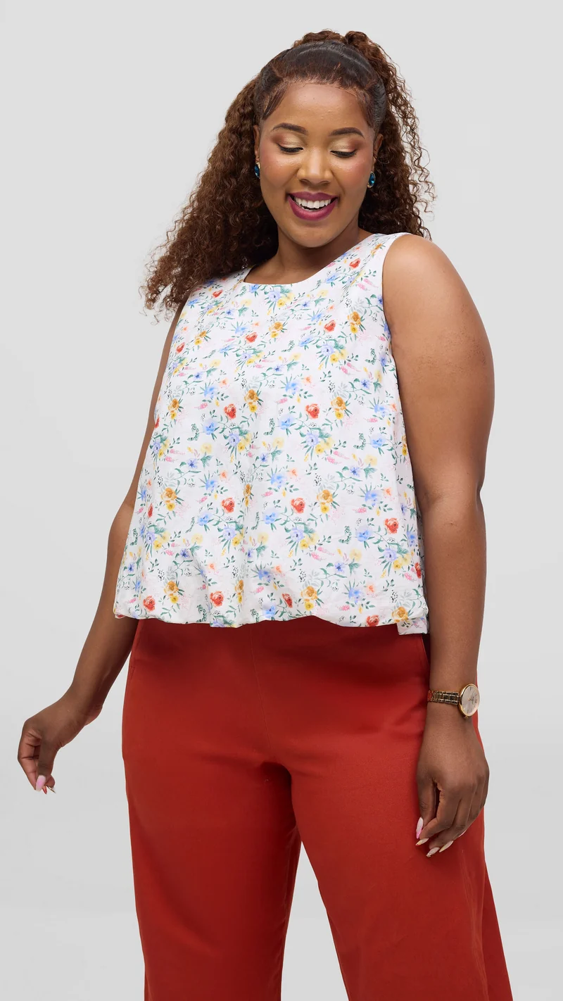 Vivo Lulu Cotton Bubble Sleeveless Top - Off White Flower Print