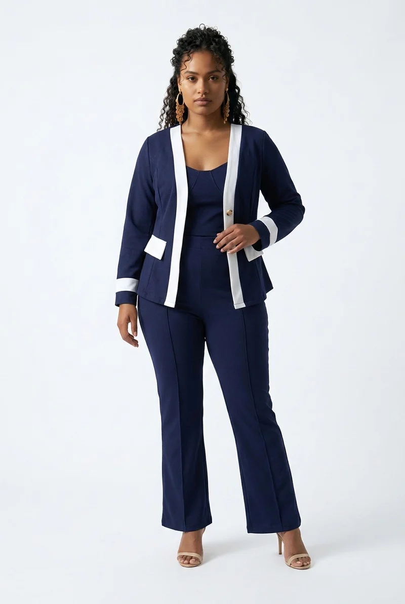 Stylish Sisters Color-block Pantsuit Set - Navy Blue
