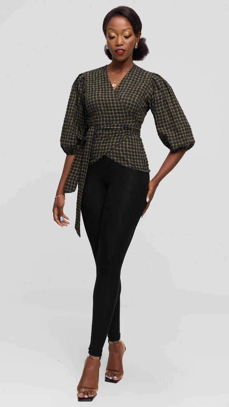 Vivo Wrap Top in Cotton - Olive / Black Print