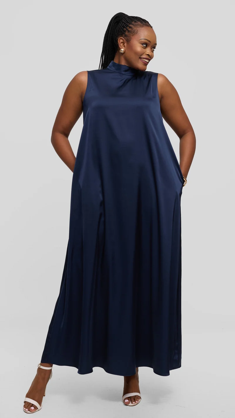 Vivo Thando Mock Neck Maxi Dress in Satin - Navy
