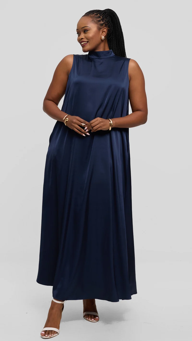 Vivo Thando Mock Neck Maxi Dress in Satin - Navy