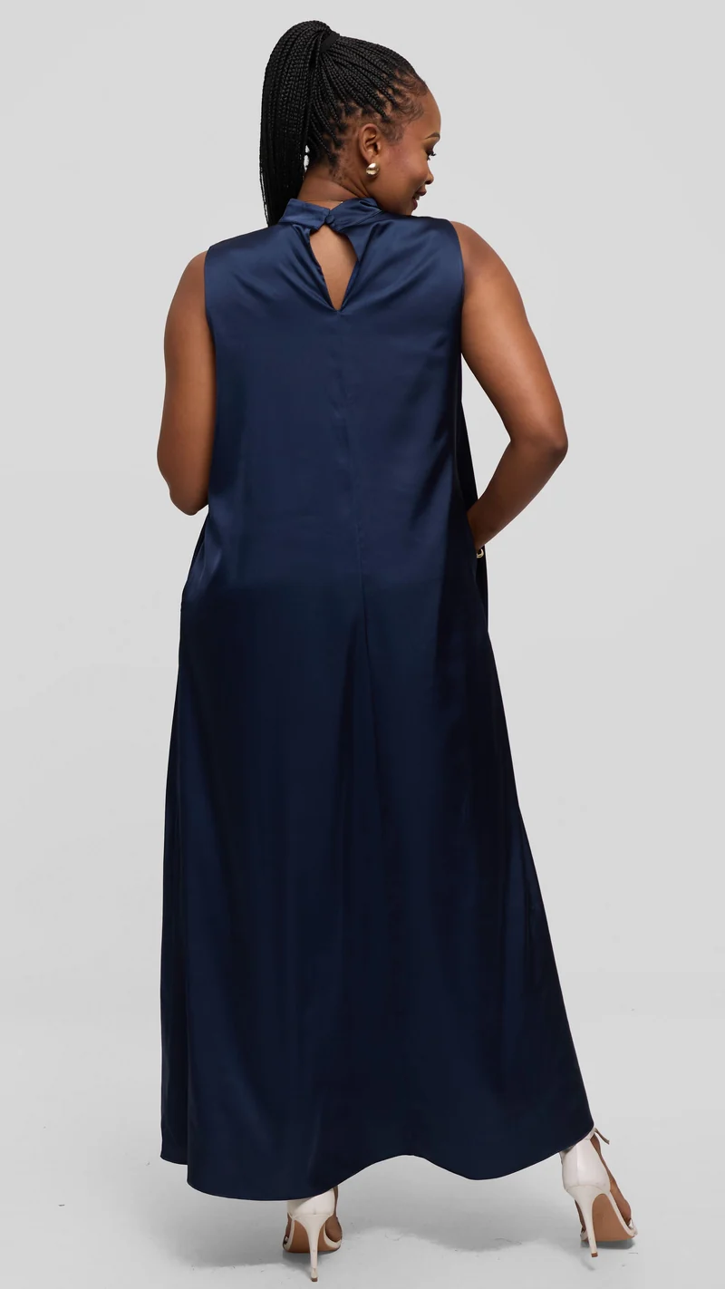 Vivo Thando Mock Neck Maxi Dress in Satin - Navy