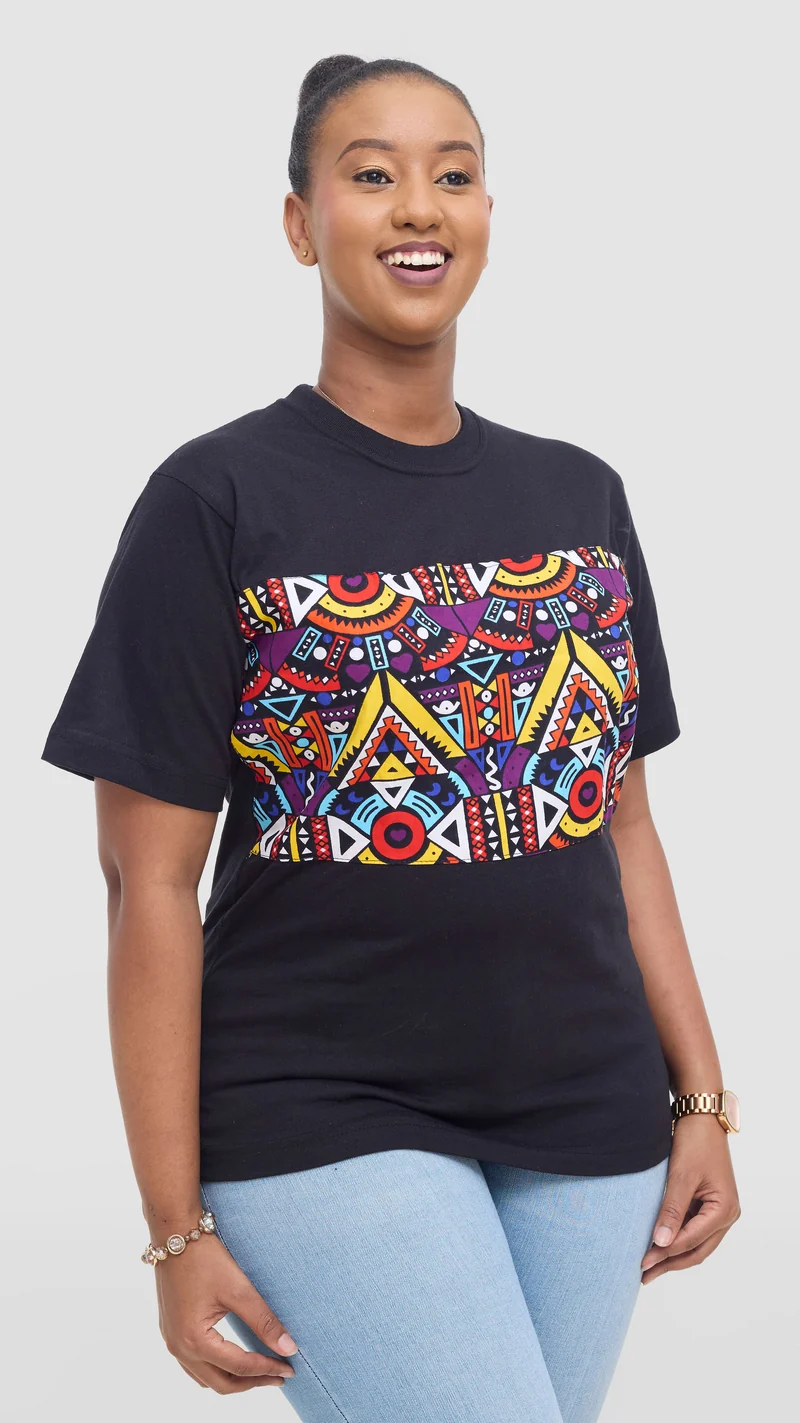 Princess Affair Tshirt with Ankara Detail - Black