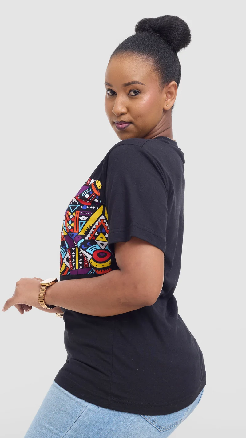 Princess Affair Tshirt with Ankara Detail - Black