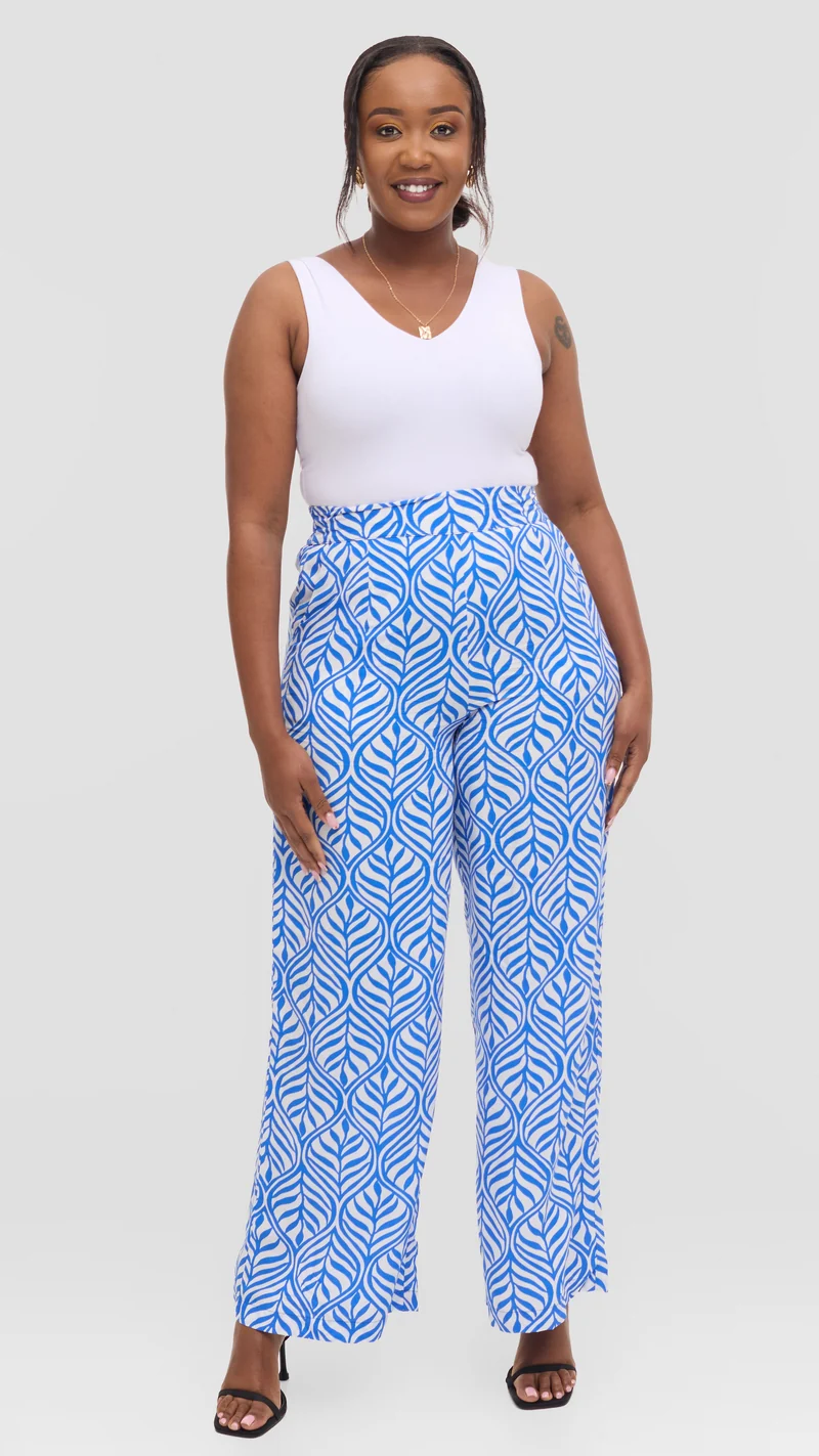 Vivo Samira Pants in Rayon - White / Blue Leaf Print