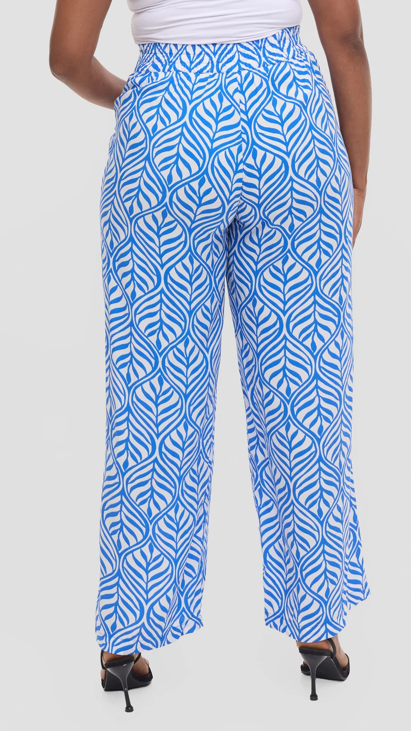 Vivo Samira Pants in Rayon - White / Blue Leaf Print