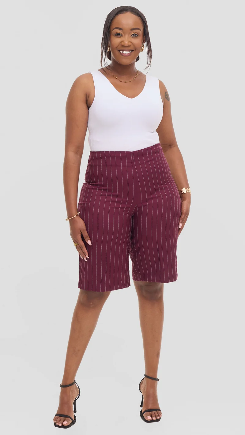 Vivo Studio Longline Shorts in Crepe - Maroon Stripes