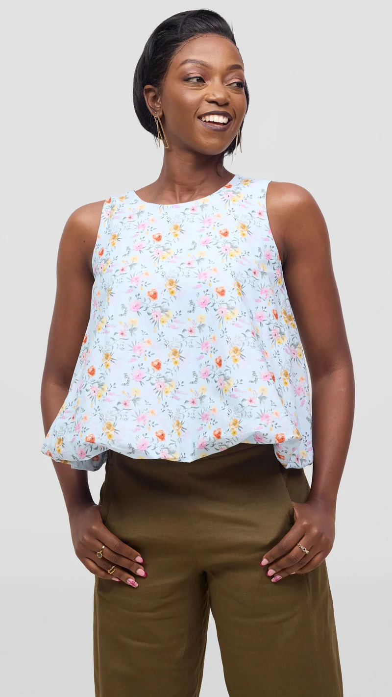 Vivo Lulu Cotton Bubble Sleeveless Top - Light Blue Flower Print