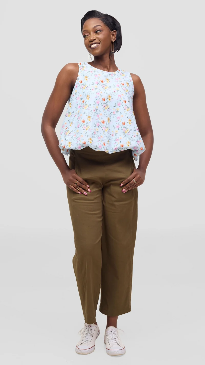 Vivo Lulu Cotton Bubble Sleeveless Top - Light Blue Flower Print
