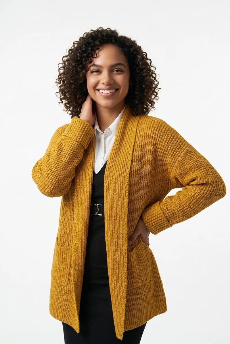 Stylish Sisters Women’s Ribbed Open-Front Shawl Collar Cardigan - Yellow