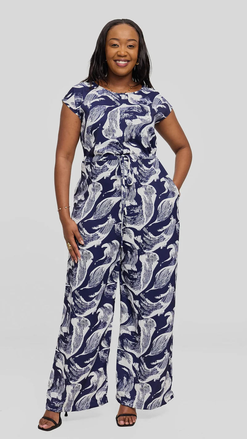 Vivo Sakari Drop Shoulder Jumpsuit in Crepe - Buttermilk / Navy Print