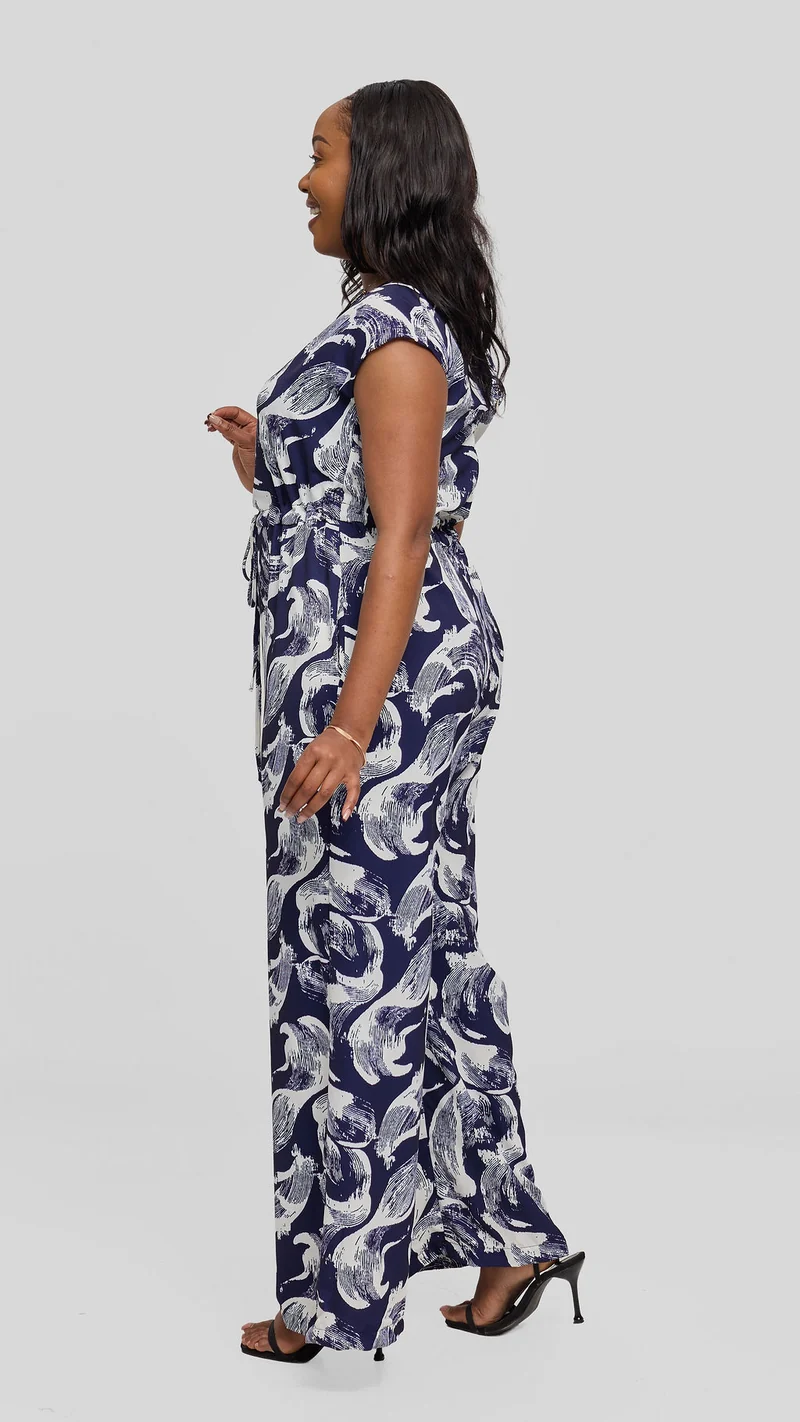 Vivo Sakari Drop Shoulder Jumpsuit in Crepe - Buttermilk / Navy Print