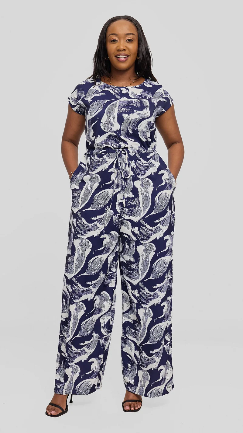 Vivo Sakari Drop Shoulder Jumpsuit in Crepe - Buttermilk / Navy Print