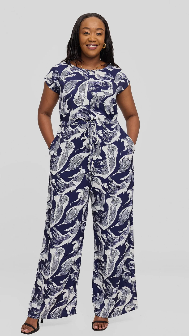 Vivo Sakari Drop Shoulder Jumpsuit in Crepe - Buttermilk / Navy Print