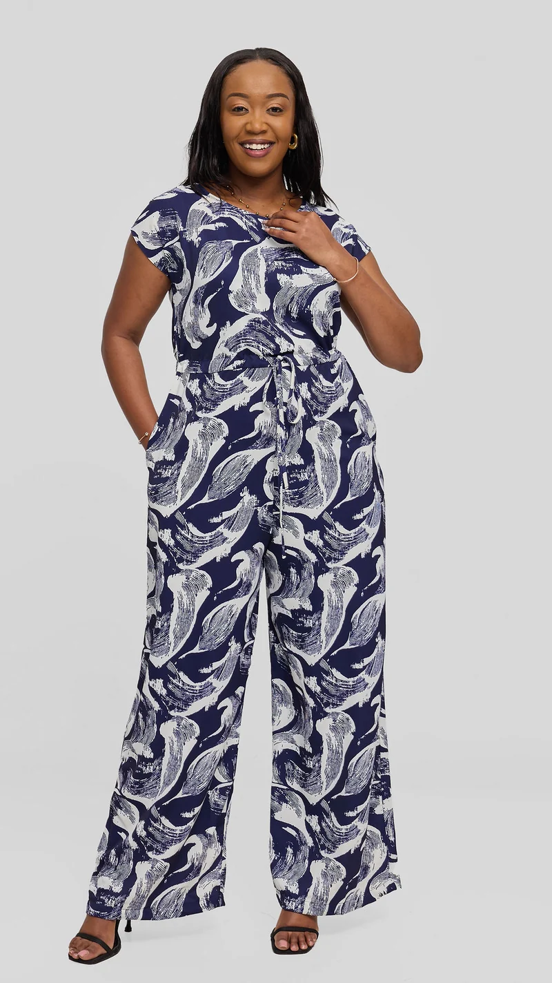 Vivo Sakari Drop Shoulder Jumpsuit in Crepe - Buttermilk / Navy Print