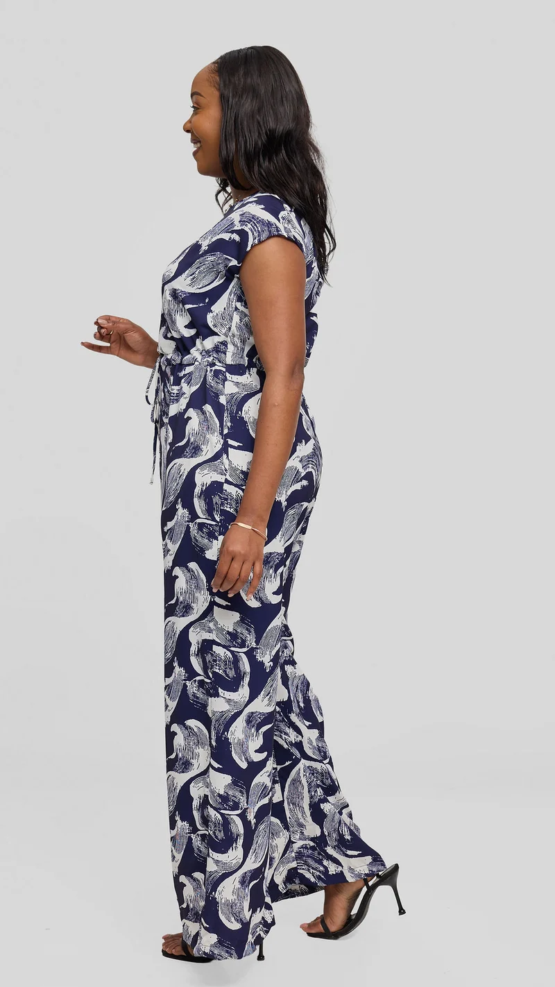Vivo Sakari Drop Shoulder Jumpsuit in Crepe - Buttermilk / Navy Print