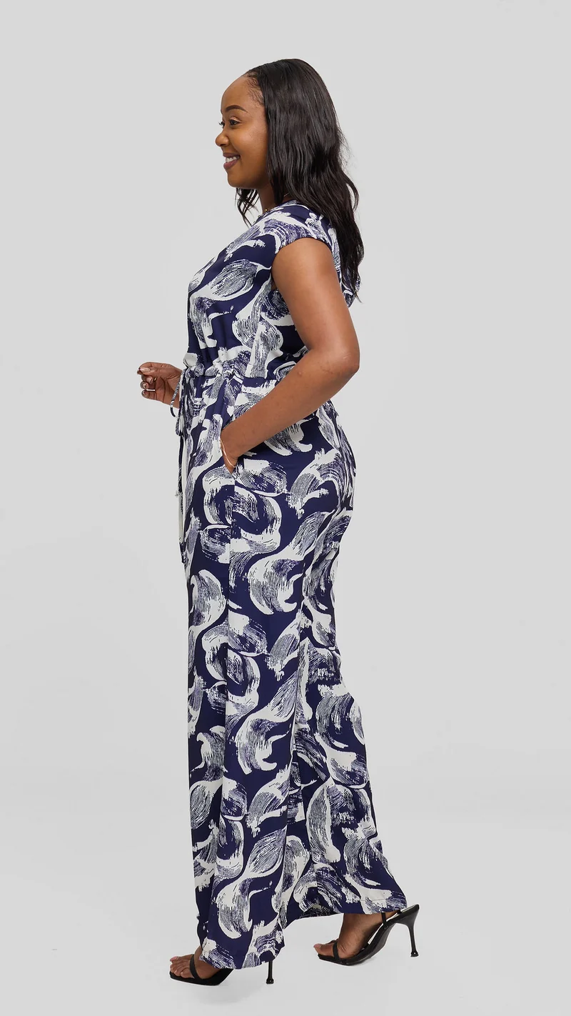 Vivo Sakari Drop Shoulder Jumpsuit in Crepe - Buttermilk / Navy Print