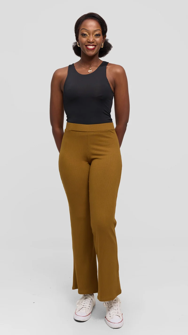 Vivo Studio Flared Pants in Rib - Olive Green