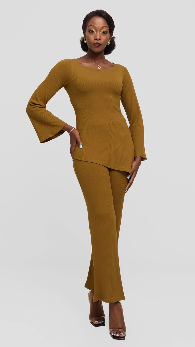 Vivo Studio Flared Pants in Rib - Olive Green