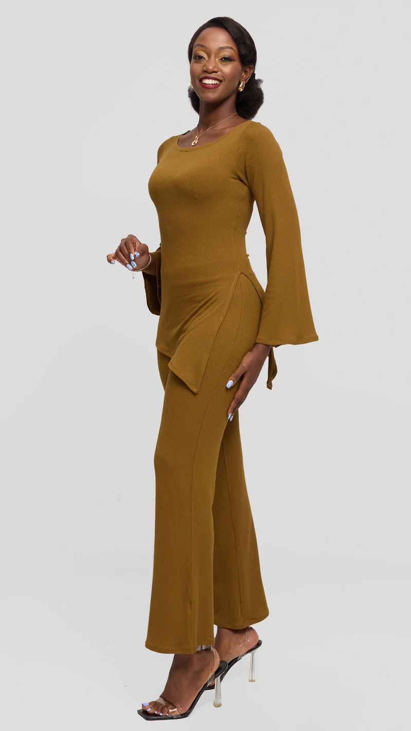Vivo Studio Flared Pants in Rib - Olive Green