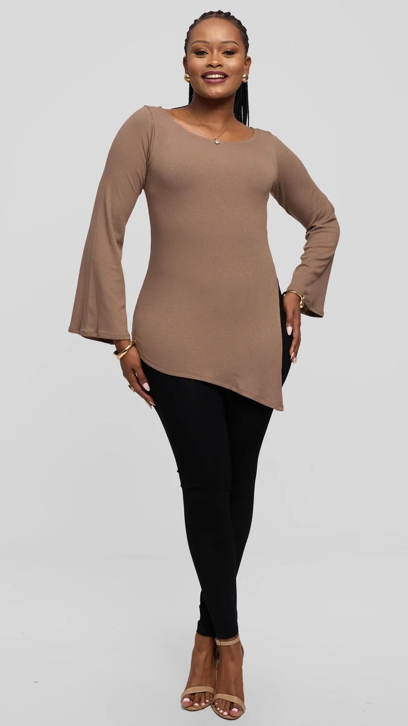Vivo Studio Bell Sleeve Tunic Top in Rib - Taupe