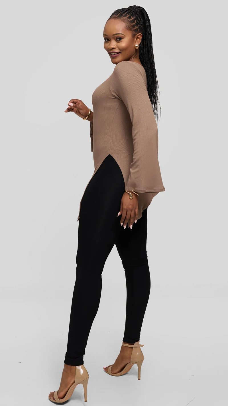 Vivo Studio Bell Sleeve Tunic Top in Rib - Taupe