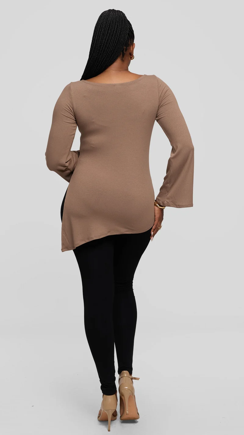 Vivo Studio Bell Sleeve Tunic Top in Rib - Taupe