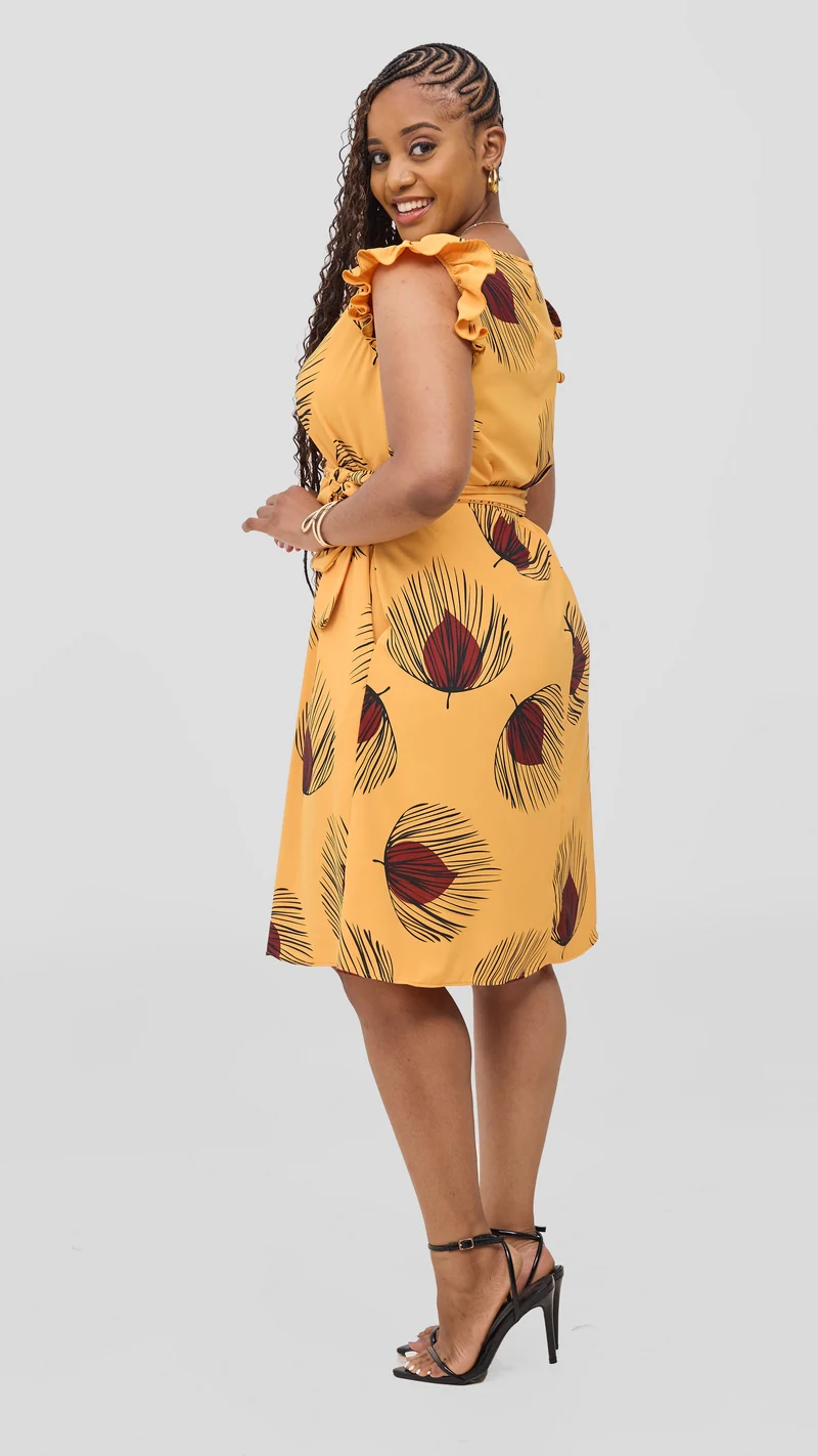 Vivo Nasinka A-Line Knee Length Dress - Mustard / Dark Red Fani Print